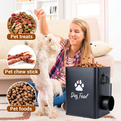 Dog Food Container 13lb, Cute Airtight Pet Food Storage Containers with Metal Lid Scoop, Black Metal Storage Bin for Dog/Cat with Wheels,Easy to Move