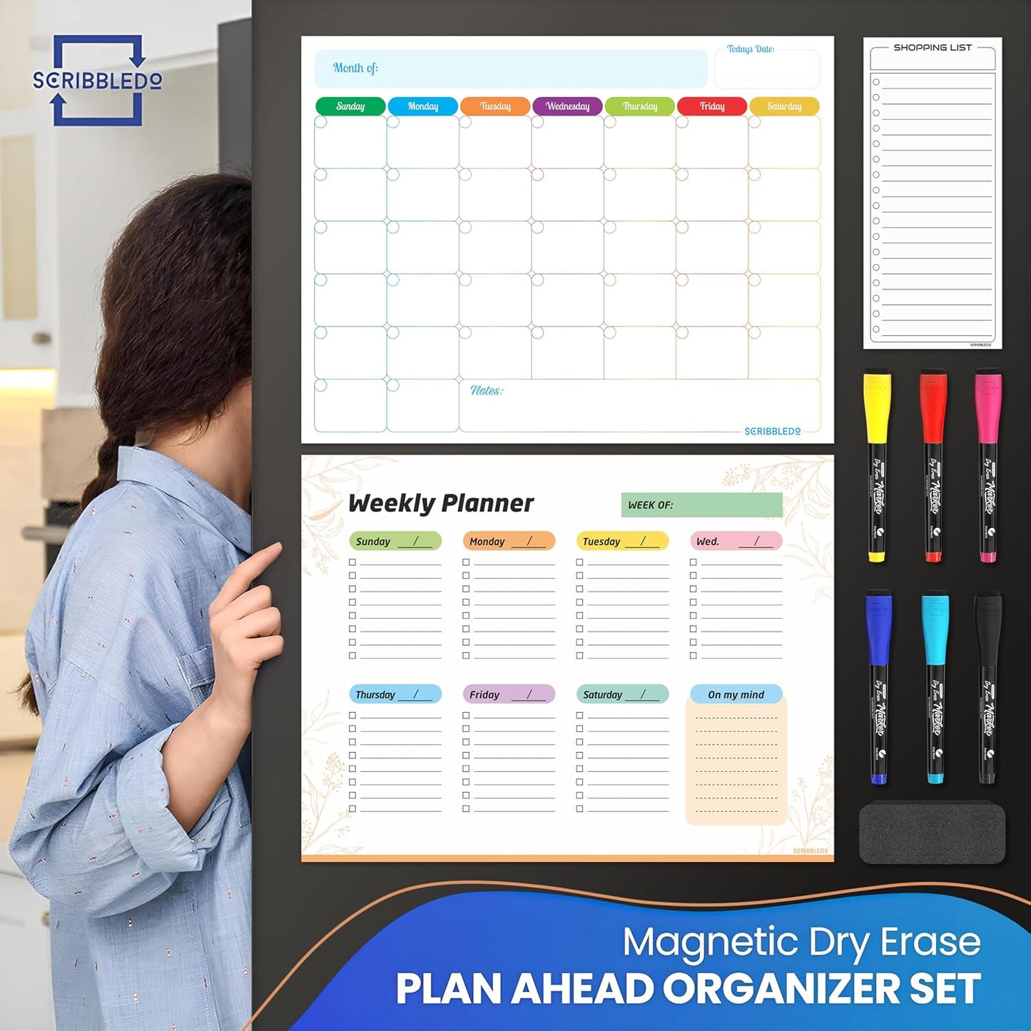 Monthly Planner (Pack of 3) Magnetic Whiteboard Refrigerator Calendar Dry Erase Weekly Planner Magnetic Calendar for Fridge to Do List White Board Dry Erase Shopping Grocery List 6 Markers Included
