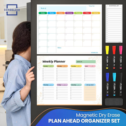 Monthly Planner (Pack of 3) Magnetic Whiteboard Refrigerator Calendar Dry Erase Weekly Planner Magnetic Calendar for Fridge to Do List White Board Dry Erase Shopping Grocery List 6 Markers Included