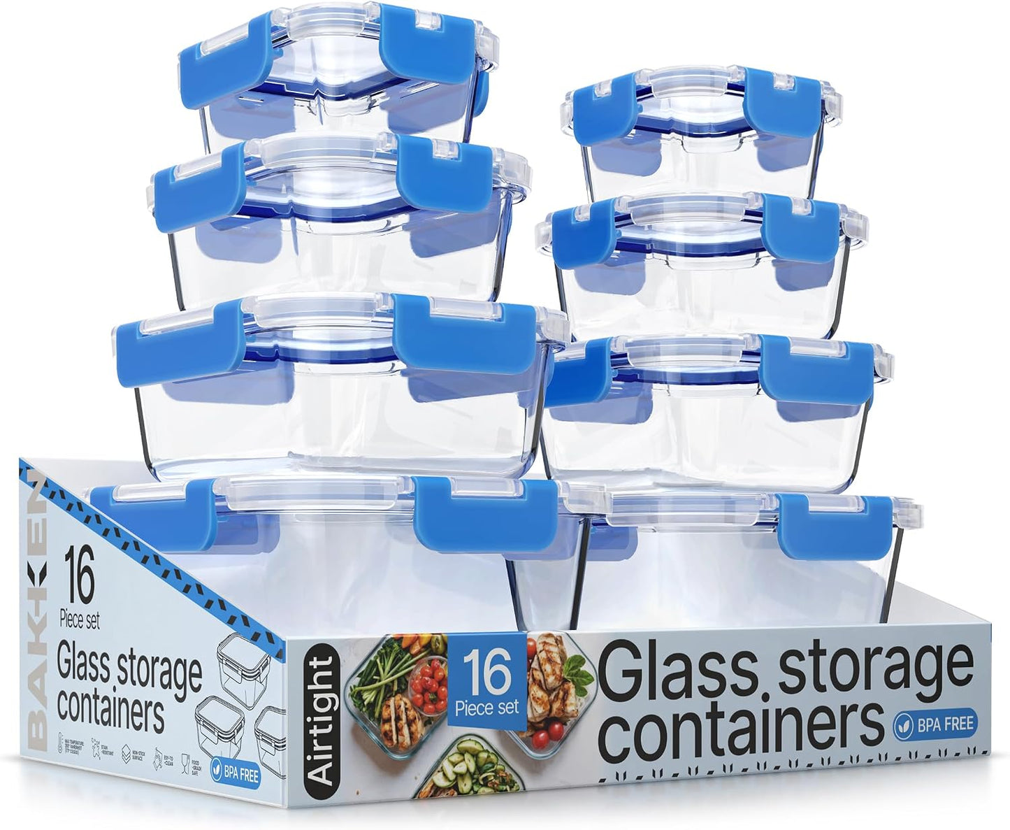 Bakken Borosilicate Glass Food Storage Containers with Lids 16 Pieces, BPA-Free Stackable Lunch & Leftover Containers, Microwave, Freezer & Dishwasher Safe, 100% Airtight Leak-Proof, Gray