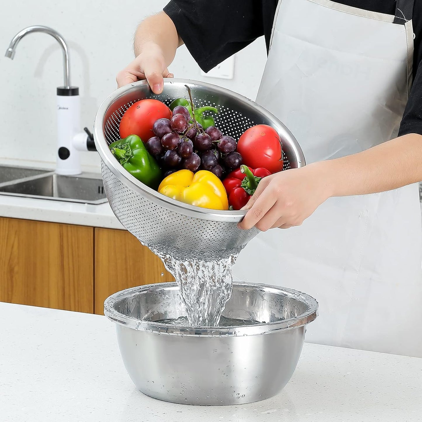 Paoli 304 Stainless Steel Fine Mesh Colander Set, 3.5QT Large Capacity Strainer with Mixing Bowl — Rinse Fruits, Veggies, Rice & Drain Pasta, Dishwasher Safe (2-Piece)
