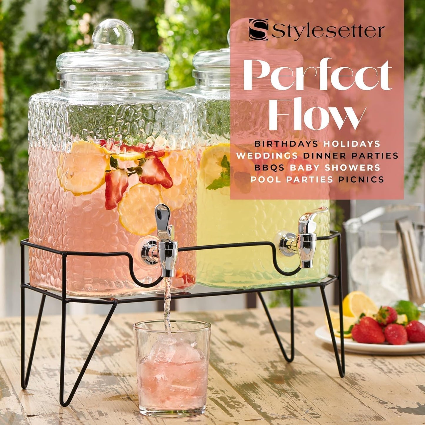Style Setter Premium Glass Drink Beverage Dispensers - 1.5 Gal, Set of 3 | Dispenser Set with Metal Stand for Parties Cold Drinks, Lemonade, Cocktails, Juice – Party Glass Drink Dispenser Station