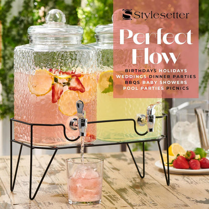 Style Setter Premium Glass Drink Beverage Dispensers - 1.5 Gal, Set of 3 | Dispenser Set with Metal Stand for Parties Cold Drinks, Lemonade, Cocktails, Juice – Party Glass Drink Dispenser Station