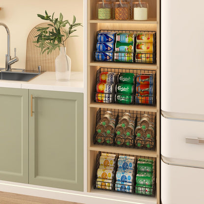 Stacking Can Dispensers 3 Tier with 3 Divider, Large Pantry Can Organizer, Beverage Drink Pop Soda Can Storage Basket, Can Holders for Pantry, Canned Food Rack Wire Bins for Kitchen Cabinet (3-Pack)