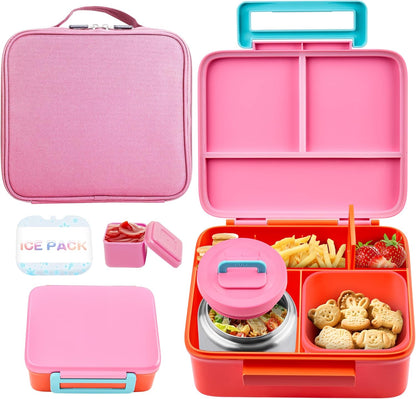 Bento Lunch Box for Kids with Thermo, Leakproof Bento Box with 8oz Insulated Food Jar, Insulated Bottle, Lunch Bag, BPA Free Dishwasher Safe 4 Compartment Container for School Girls Boys (Pink)