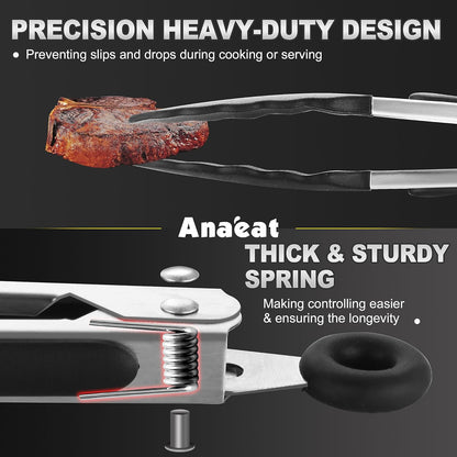 Anaeat Premium Kitchen Locking Tong Set of 3 - Heavy Duty Stainless Steel Food Tongs with Long Handle & Non-Slip Silicone Grip for Cooking, Baking, Grilling - Heat Resistant up to 480°F