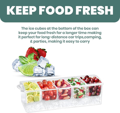 𝐋𝐚𝐫𝐠𝐞 Ice Chilled Condiment Server Caddy with 5 Removable Compartments (2.5 Cup), Clear Garnish Tray with Lids – Fruit, Salad, Taco, Bar Platter – Free Stainless Steel Accesories