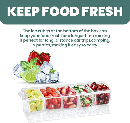 𝐋𝐚𝐫𝐠𝐞 Ice Chilled Condiment Server Caddy with 5 Removable Compartments (2.5 Cup), Clear Garnish Tray with Lids – Fruit, Salad, Taco, Bar Platter – Free Stainless Steel Accesories