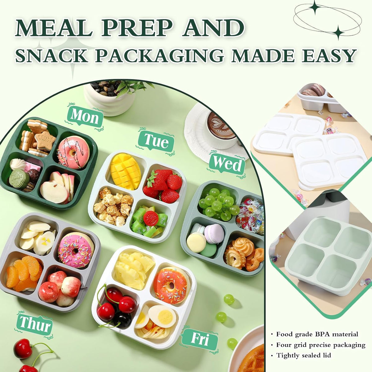 Honeydak 10 Pack Bento Snack Containers 4 Compartment Snack Boxes Reusable Containers with Lids Divided Meal Prep Lunch Food Storage Box for School Work Travel