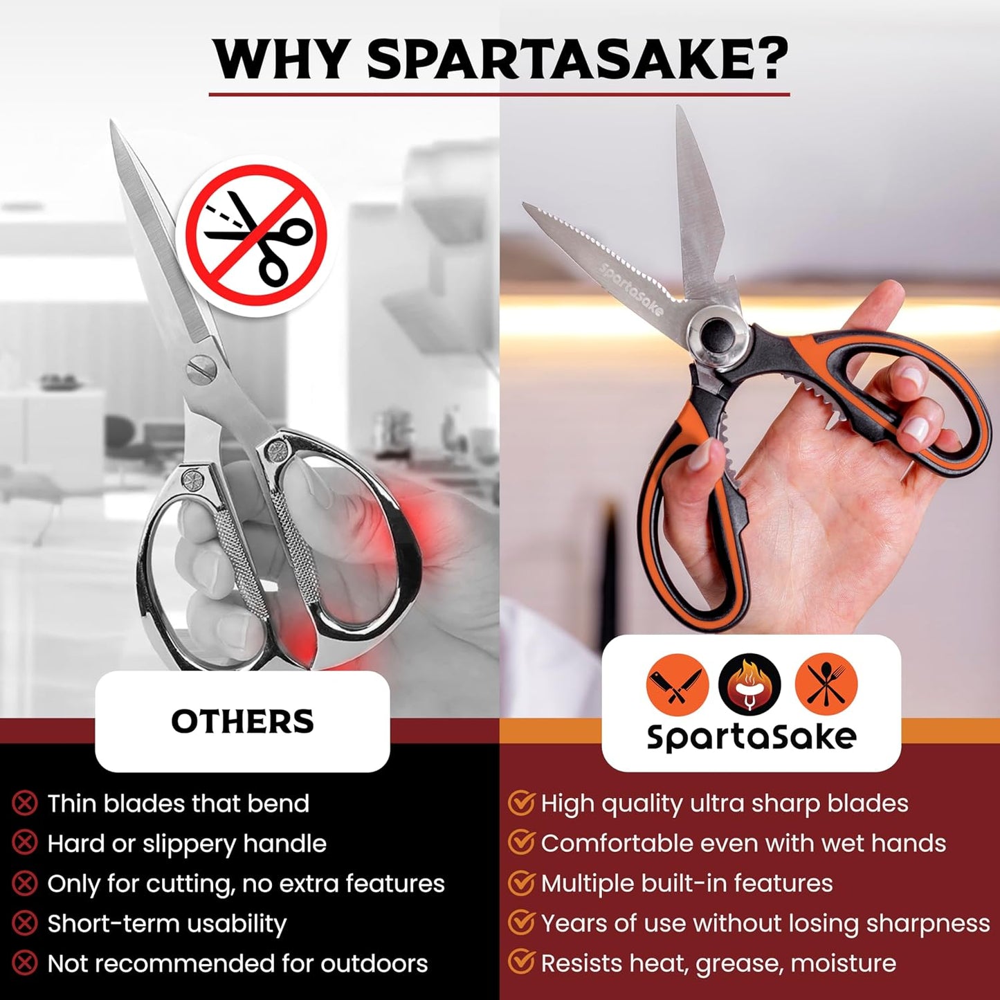 SpartaSake Premium Stainless Steel All Purpose Kitchen Shears with Sleeve - Heavy Duty Ultra Sharp kitchen Scissors for Food - Multipurpose Food Scissors for Meat Poultry Vegetable (Black-White)