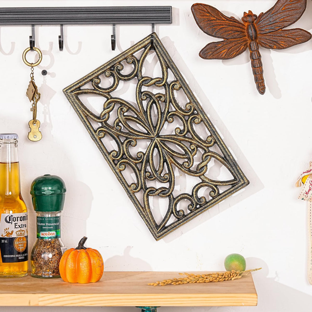 Sungmor 2 Pack Gold Cast Iron Trivets, Rectangle Ornate Scrollwork Trivets