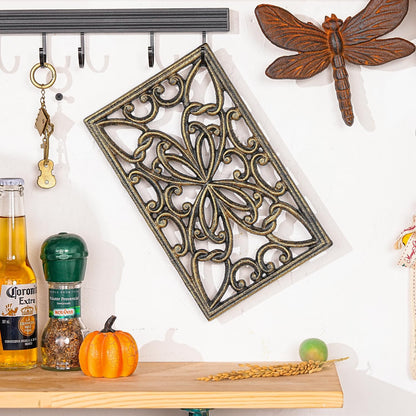 Sungmor 2 Pack Gold Cast Iron Trivets, Rectangle Ornate Scrollwork Trivets