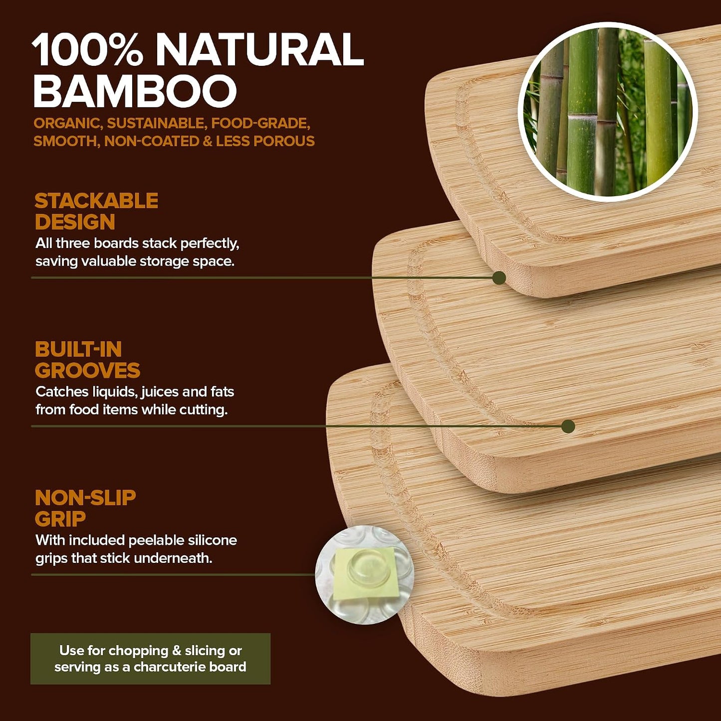 Wood Cutting Boards for Kitchen Counter – Organic Bamboo Cutting Board Set with Stick-On Grips (3 Pack), Thick Non-Slip Wooden Chopping Boards for Meat, Cheese, Produce & Serving