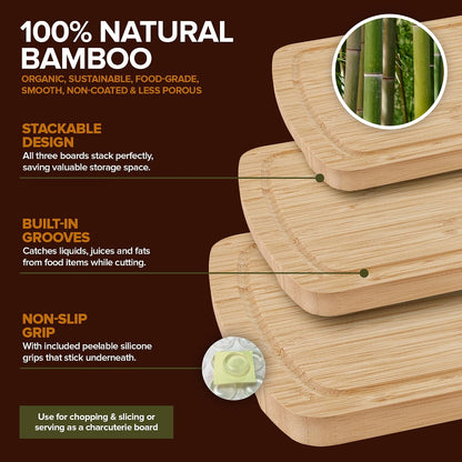 Wood Cutting Boards for Kitchen Counter – Organic Bamboo Cutting Board Set with Stick-On Grips (3 Pack), Thick Non-Slip Wooden Chopping Boards for Meat, Cheese, Produce & Serving
