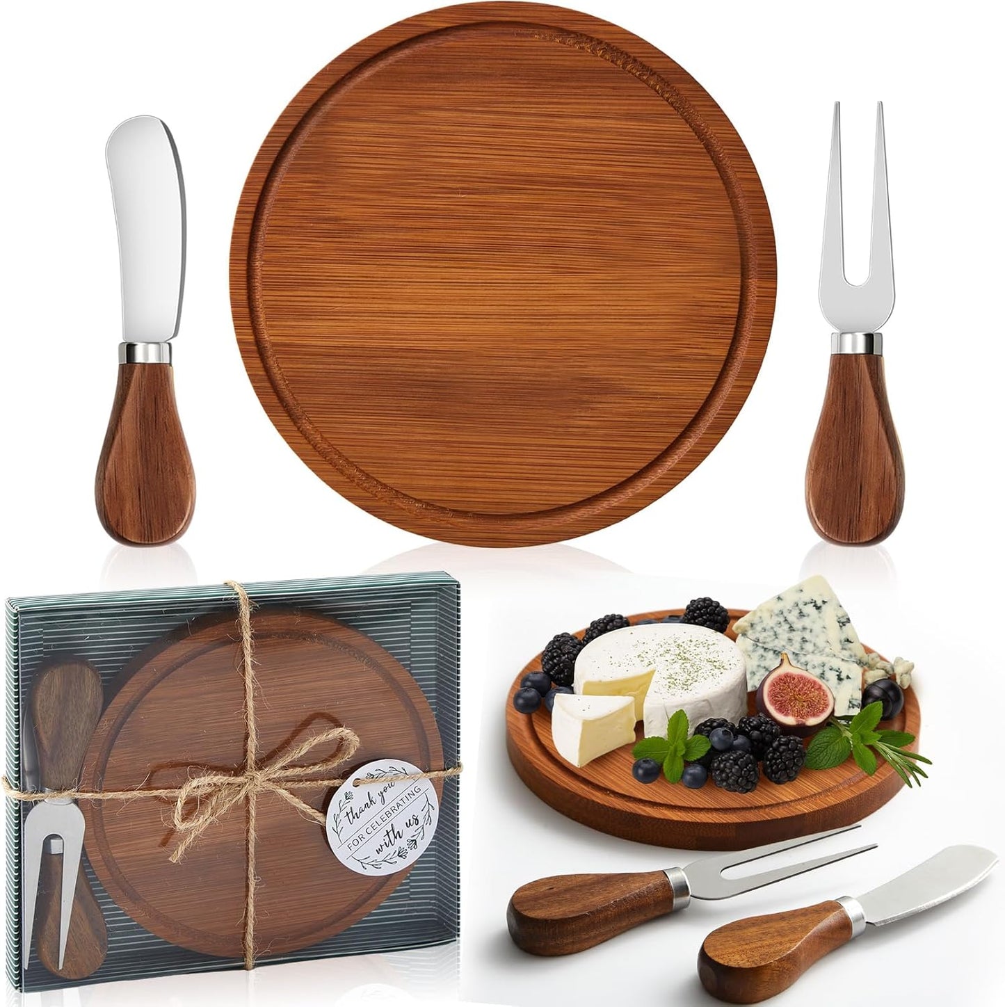 Maxcheck 6 Sets Baby Shower Bridal Game Prizes for Winners Round Cheese Board Set Wood Mini Charcuterie Board with Knives and Forks Thank You Card with Gift Box for Guests Wedding (Bamboo)