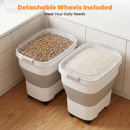50 Lbs Rice Storage Container with Wheels, Collapsible Airtight Rice Holder with Transparent Lid, Measuring Cup, Scoop, Handle, BPA Free Food Storage Container for Pet Food, Grain, Bird Seed