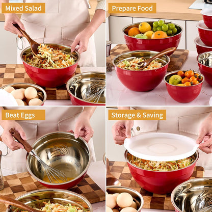 Pink Mixing Bowls with Airtight Lids, Stainless Steel Nesting Mixing Bowls Set of 7, Ideal for Baking, Prepping and Serving Food, Size 7, 3.6, 2.7, 2.1, 1.5, 1.1,0.8 QT, Stackable Design