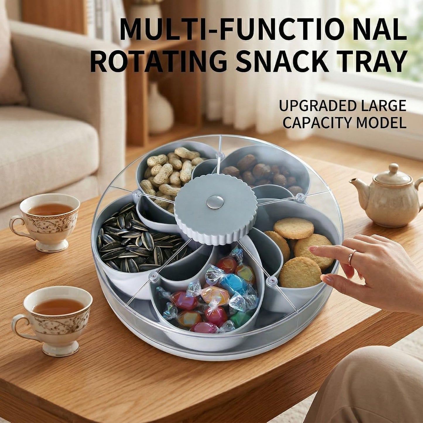 Rotating Snack Tray with Lid, 5 Compartments Divided Serving Platter, BPA-Free Food Storage Container for Candy, Fruit, Nuts, Appetizers, Spinning Lazy Susan for Party, Kitchen, Living Room(Blue)