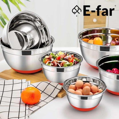 E-far Stainless Steel Mixing Bowls with Lids Set, 5-Piece Nesting Salad Bowls with 3 Grater Attachments and Non-Slip Bottoms, Size 4.6, 2.6, 2, 1.5, 1QT for Kitchen (Khaki)
