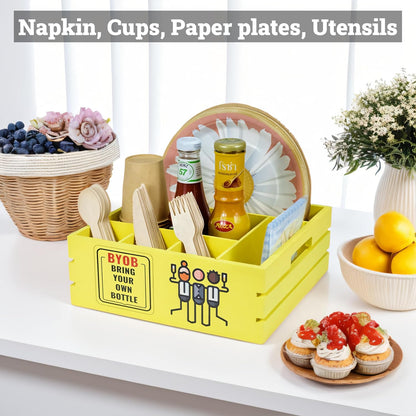 Utensil Holder for Party Farmhouse Crate Look - White Napkin Paper Plate Dispenser for Countertop - Silverware Caddy for Plate, Cup, Fork, Spoon - Flatware Box Organizer for Outdoor Camping Picnic