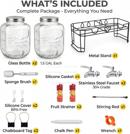 2 Pack1 Gallon Glass Drink Dispensers For Parties,Beverage Dispenser with Stand,304 Stainless Steel Spigot Leakproof,Lemonade Dispenser for Sun Tea, Homemade Juice