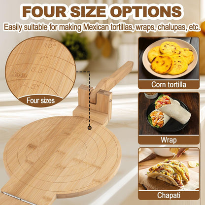 Bamboo Tortilla Press 10 inch - Mexican Tortilla Maker with 100 Parchment Papers | Homemade Flour & Corn Tortillas, Tortillera, Pataconera, Dough Press for Easy Cooking