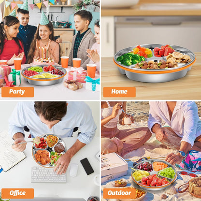 Divided Serving Tray with Lid SUS 304 Snackle Box Reusable Veggie Tray Serving Plate with 4 Forks Stainless Steel Snack Platter for Picnic Party and Travel 5 Compartments