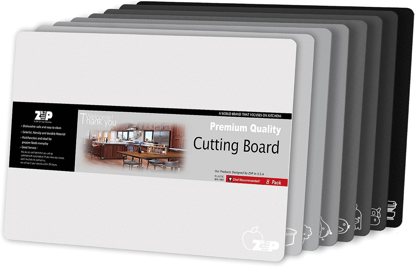 ZVP Plastic Cutting Boards for Kitchen, Flexible Cutting Mats, Colorful Chopping Boards with Food Icon, Non-Slip, Non Porous, BPA Free, Dishwasher Safe Rainbow