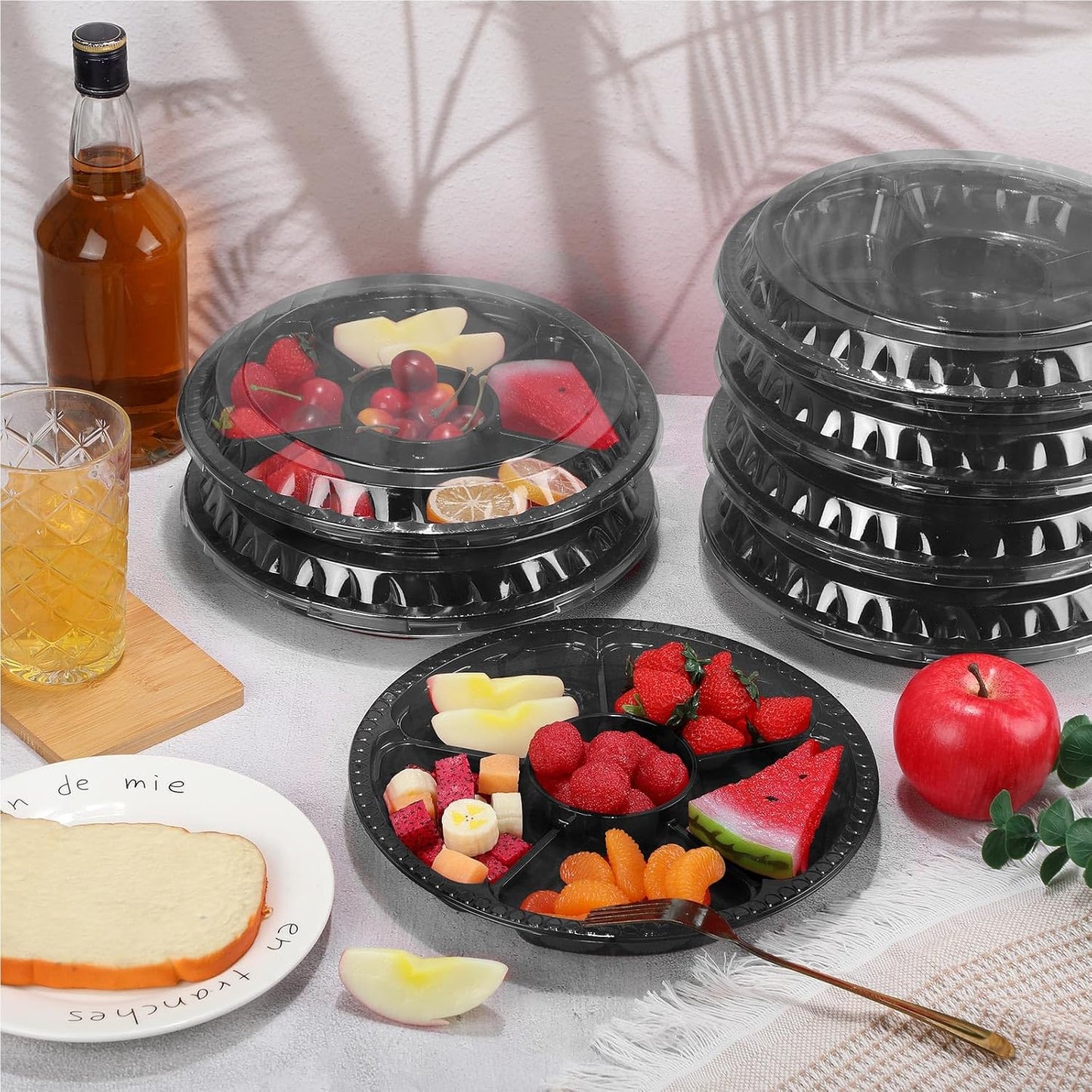 Rtteri 36 Pcs Round Catering Trays with Lids Divided Serving Trays 6 Compartment Disposable Plates Plastic Appetizer Traysplatters Food Storage Containers for Christmas Party Fruit Buffet (Black)