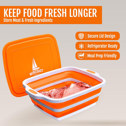 Collapsible BBQ Prep Tub with Lid & Cutting Board – 8L Folding Meat Marinating Container – Multipurpose Tub for Food Storage, Camping & Grilling – Portable Meal Prep Tray for Outdoor Cooking