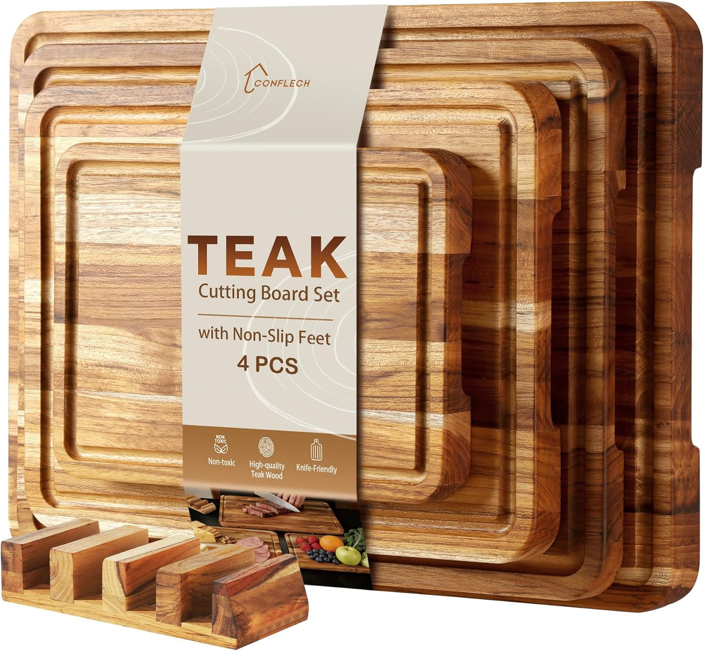 3 Pack Teak Cutting Board Set for Kitchen Wood Charcuterie Board with Juice Groove Wooden Cutting Boards Non Toxic Heavy Duty Slip Over Sink Solid Thick Chopping Board FSC