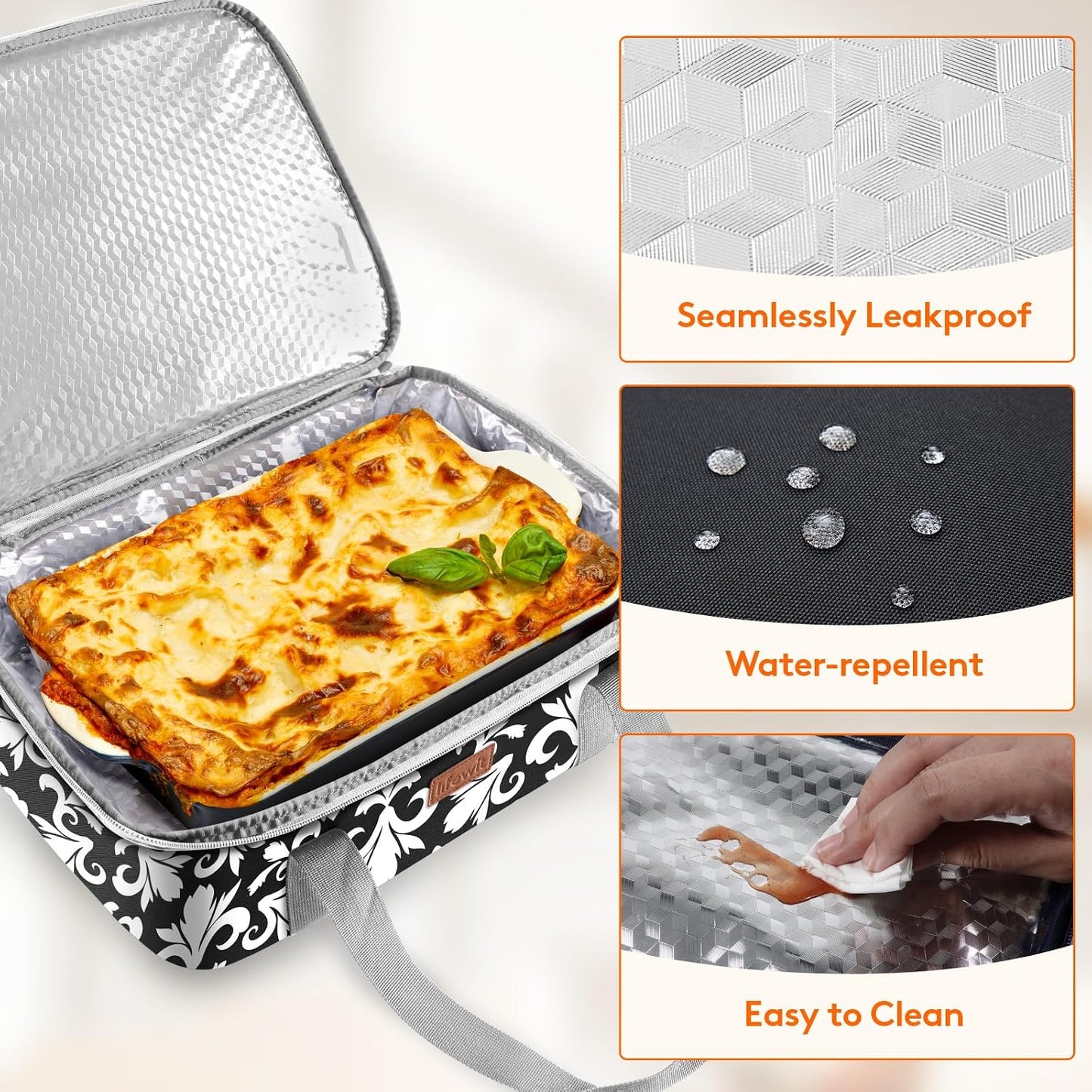Lifewit Insulated Single Decker Casserole Carrier for Hot or Cold Food, Lasagna Lugger Holder Fits 9" x 13" Baking Dish, Thermal Lunch Tote Bag for Potluck Parties, Picnic and Cookouts, Black