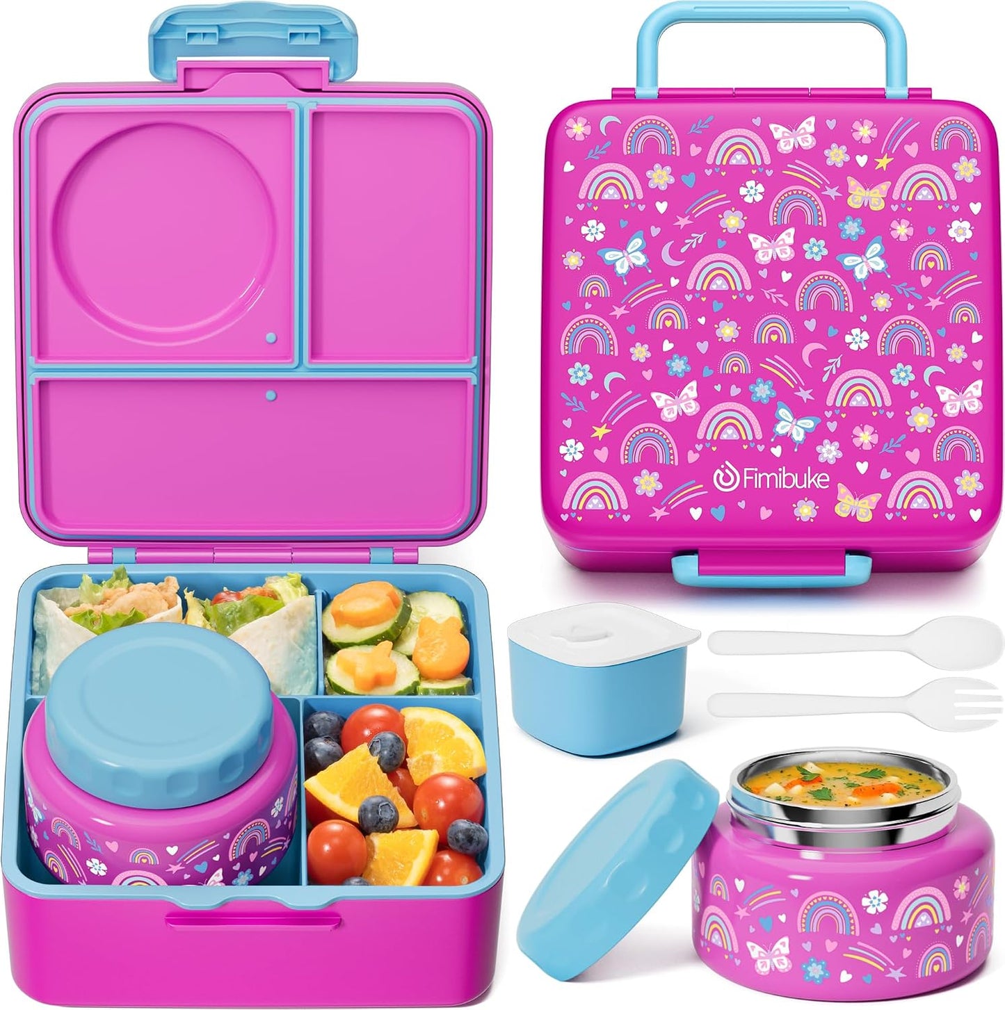 Fimibuke Bento Box for Kids Adult, BPA Free & Leakproof Toddler Lunch Box with 8.5oz Insulated Thermo Food Jar, Utensils & Sauce Jar, Dishwasher Safe 3 or 4 Compartment Container for School Girls Boys
