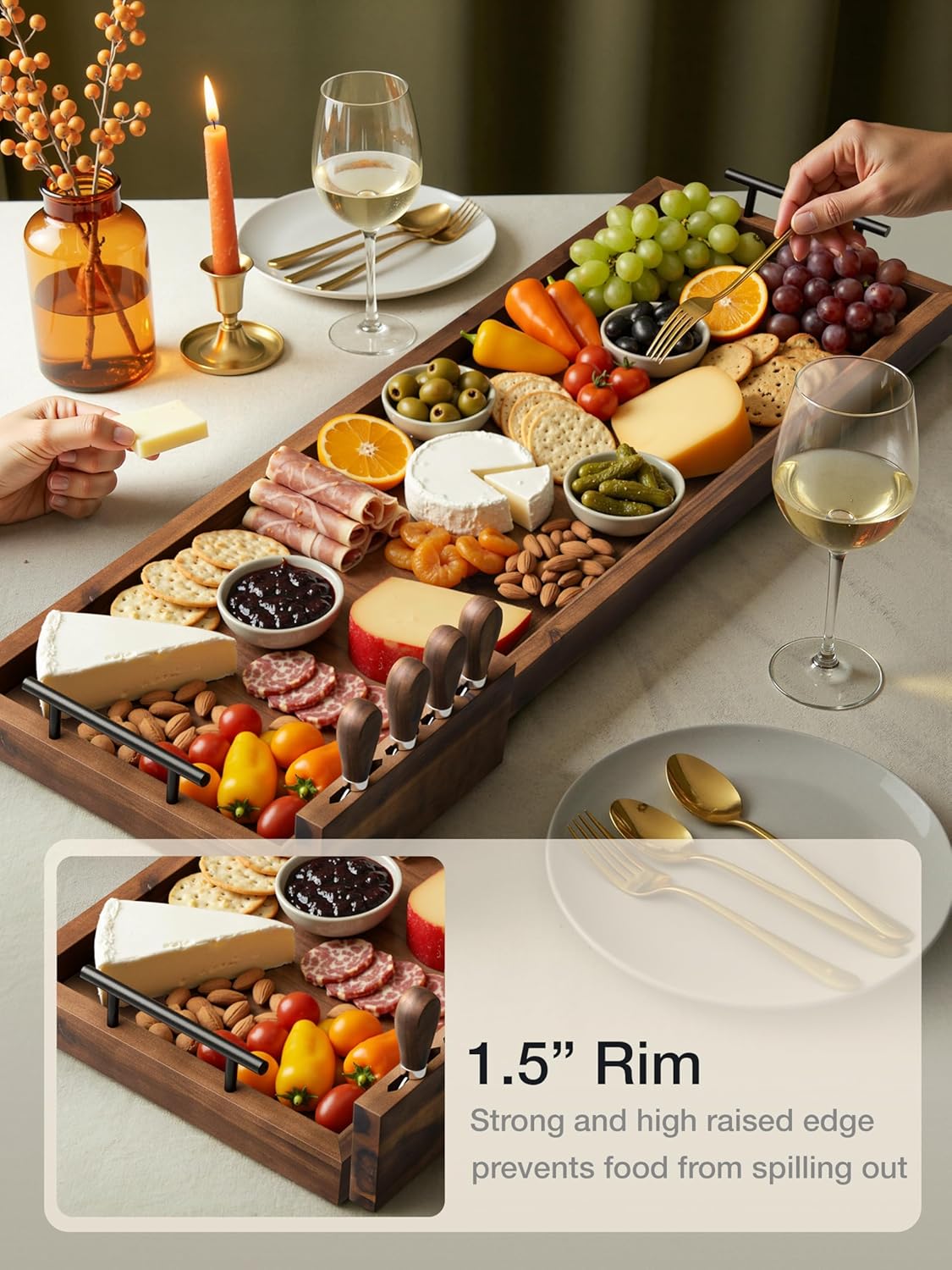TIDITA Acacia Large Charcuterie Boards for Party with Cheese Knife Set of 4 – Acacia Wood Serving Tray with Handles, Long Charcuterie Board, Wooden Cheese Board (Walnut Color, 30 Inch)