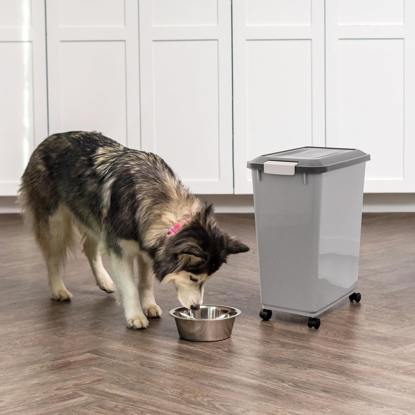 IRIS USA Dog Food Storage Container with Wheels, Airtight Lid, 2-Cup Scoop, Up to 30 Pounds Pet Food Storage, Built in Scoop Storage in Lid, Versatile Pet Food Bin, Portable, BPA Free, Gray/Dark Gray