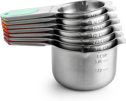 Spring Chef Stainless Steel Measuring Cups Set of 7 with Pour Spout - Nesting Kitchen Tools with Easy Read Markings to Measure Dry or Liquid Ingredients - Metal Measuring Cups for Baking & Cooking
