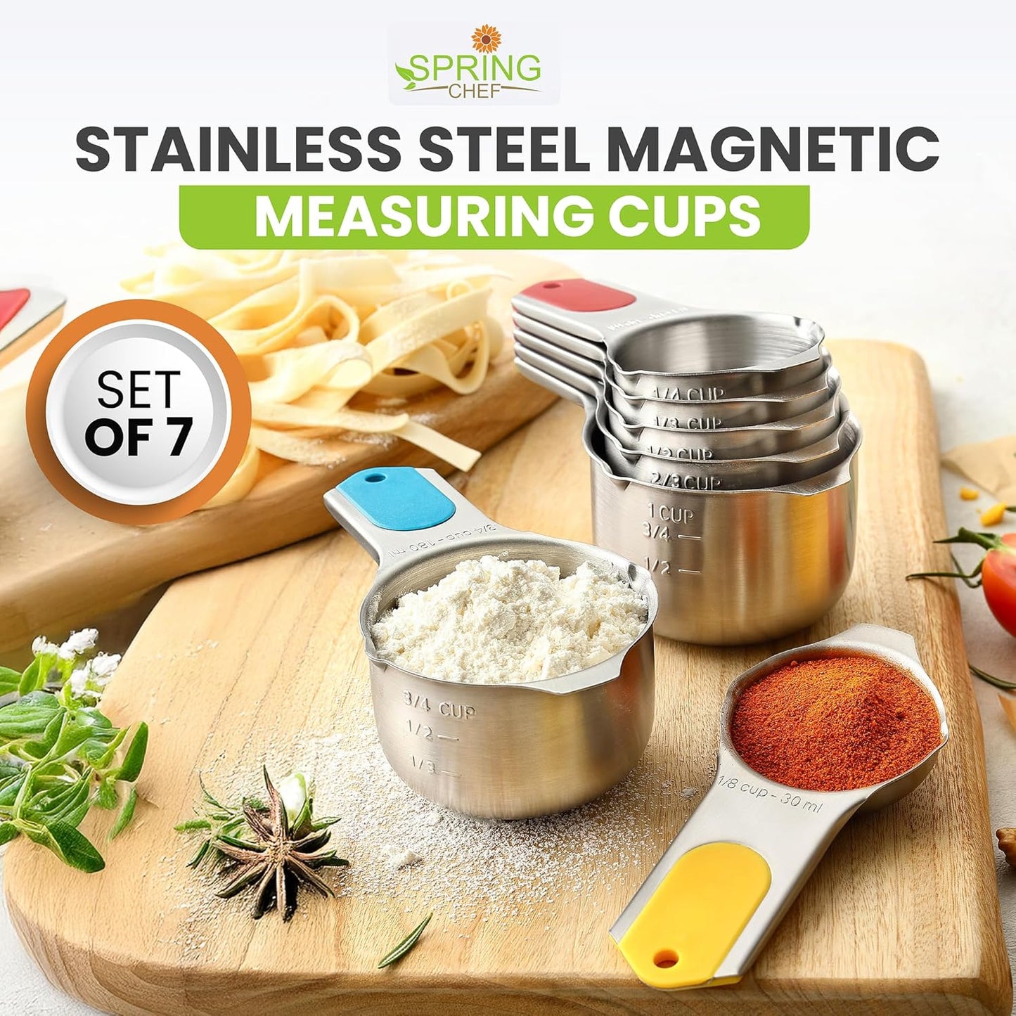Spring Chef Stainless Steel Measuring Cups Set of 7 with Pour Spout - Nesting Kitchen Tools with Easy Read Markings to Measure Dry or Liquid Ingredients - Metal Measuring Cups for Baking & Cooking