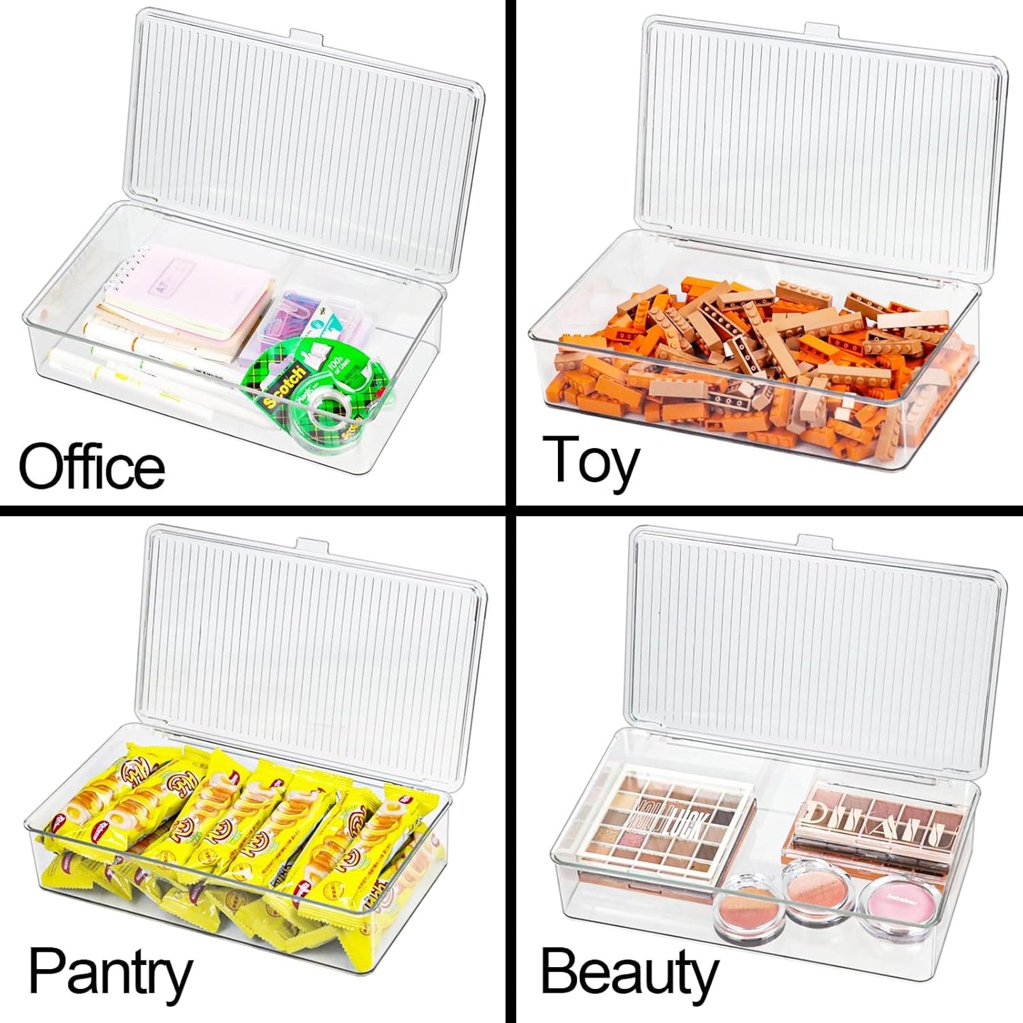 ZEXALOR Clear Plastic Storage Bin with Lid, Makeuo Holder, Fridge Organizer, Refrigerator Organizers and Storage, Small Container for Pantry, Office, Dresser, Bathroom, Kitchen, Snack