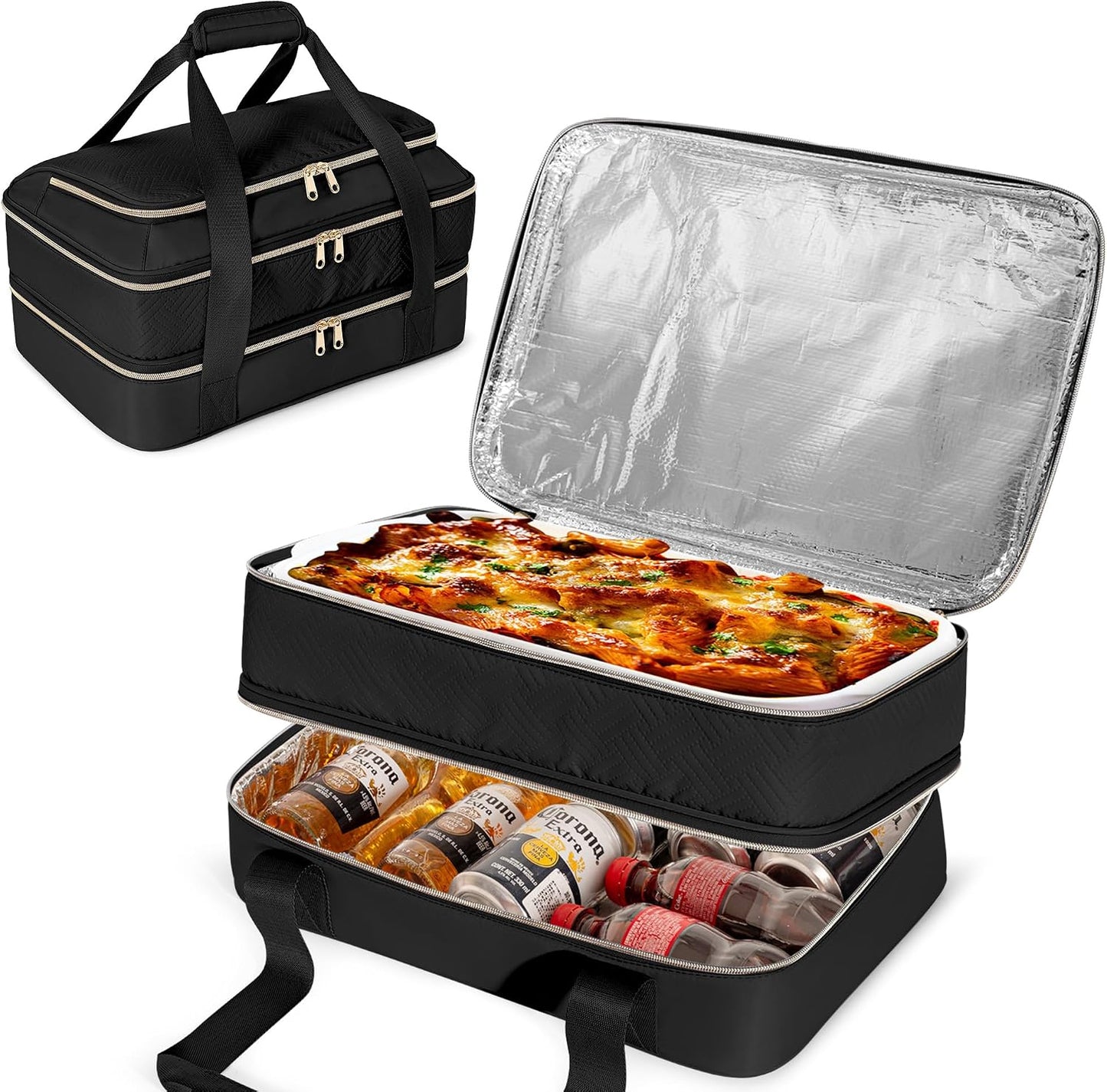 Insulated Casserole Carrier for Hot or Cold Food, Thermal Lasagna Lugger Tote to Keep Food Warm, Double Decker Food Warmer Bag Fits 9”x13” Baking Dish, Pink