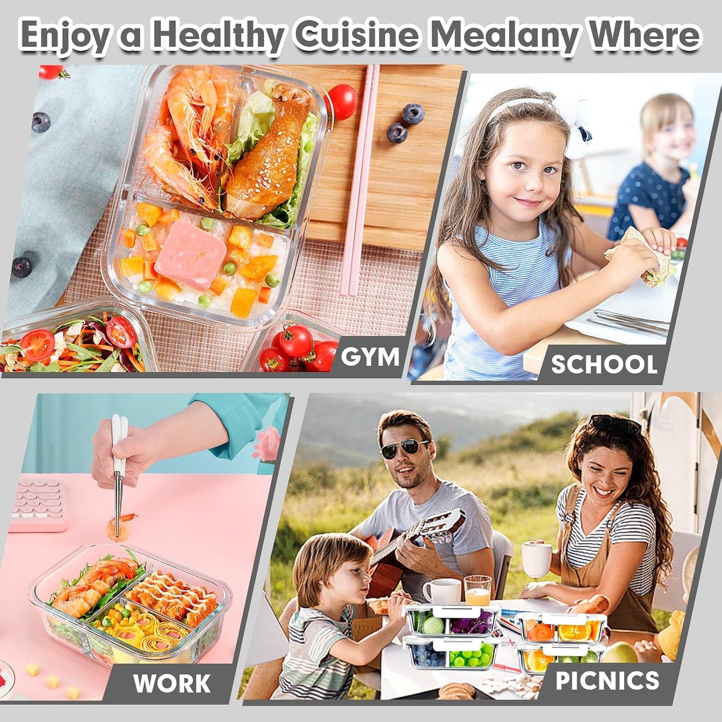 VERONES 5 Pack Glass Meal Prep Containers 3 Compartment Set, 36OZ Airtight Glass Lunch Containers, Glass Food Storage Containers with Lids, for Microwave, Oven, Freezer & Dishwasher Friendly,Green