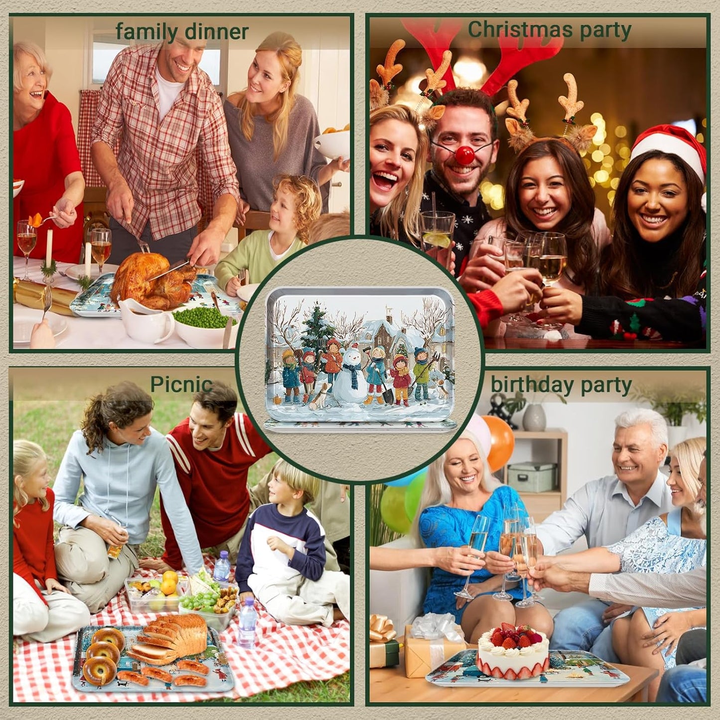 4 Pack Christmas Serving Trays, 15 x 11 Inch Melamine Holiday Platters with Winter Village, Ice Skating, and Camping Designs, Reusable Festive Trays for Snacks, Cookies, and Entertaining