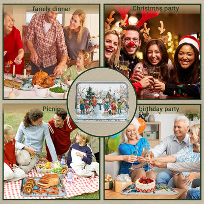 4 Pack Christmas Serving Trays, 15 x 11 Inch Melamine Holiday Platters with Winter Village, Ice Skating, and Camping Designs, Reusable Festive Trays for Snacks, Cookies, and Entertaining