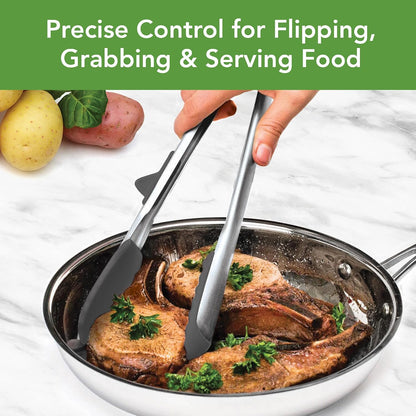 Tovolo Tongs With Silicone Tips Easy Grip 13” Long Kitchen Tongs Stainless Steel Handle For Cooking BBQ, Non Scratch Heat Resistant Locking Metal Silicone Tipped Dishwasher Safe BPA Free, Black