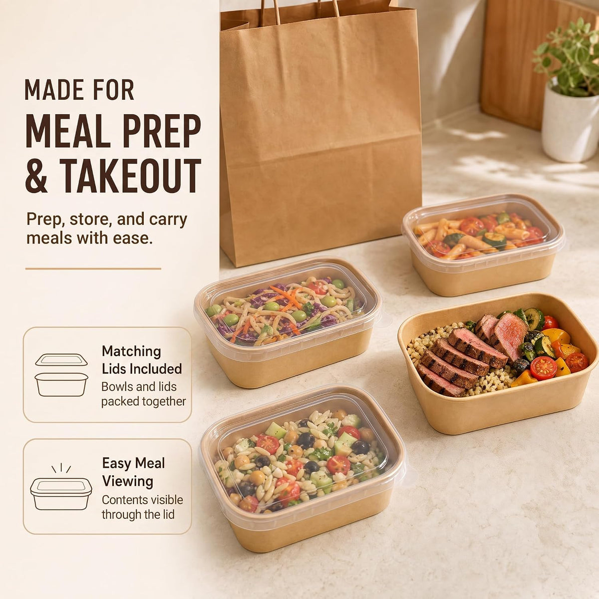 34 oz Paper Bowls with Lids, 50 Count Disposable Meal Prep Containers
