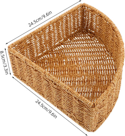 Sturdy Triangle Corner Basket with Imitation Rattan Weaving, 10-inch Fan Shaped Storage Bin for Wardrobe and Home, Easy Access Corner Makeup Organizer for Fruit and Snacks