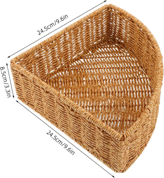 Sturdy Triangle Corner Basket with Imitation Rattan Weaving, 10-inch Fan Shaped Storage Bin for Wardrobe and Home, Easy Access Corner Makeup Organizer for Fruit and Snacks