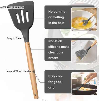 E-far Silicone Cooking Utensils Set, 5-Piece Kitchen Utensils Set with Wooden Handle for Cooking, Silicone Kitchen Nonstick Tools Spatula Turner Slotted Spoons, Nontoxic & Heat Resistant-Khaki