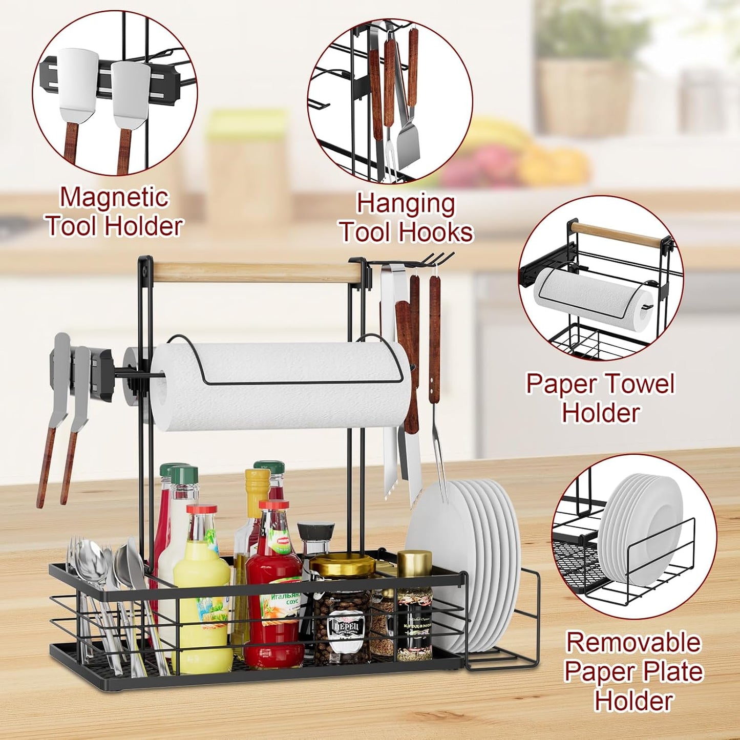 Grill Caddy with Magnetic Tool & Paper Towel Holders, Picnic Utensil Condiment Caddy, Barbecue Grill Tool Organizer for Outdoor Camping, Cooking, Camper