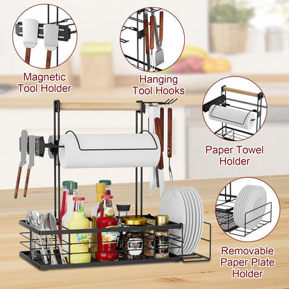 Grill Caddy with Magnetic Tool & Paper Towel Holders, Picnic Utensil Condiment Caddy, Barbecue Grill Tool Organizer for Outdoor Camping, Cooking, Camper