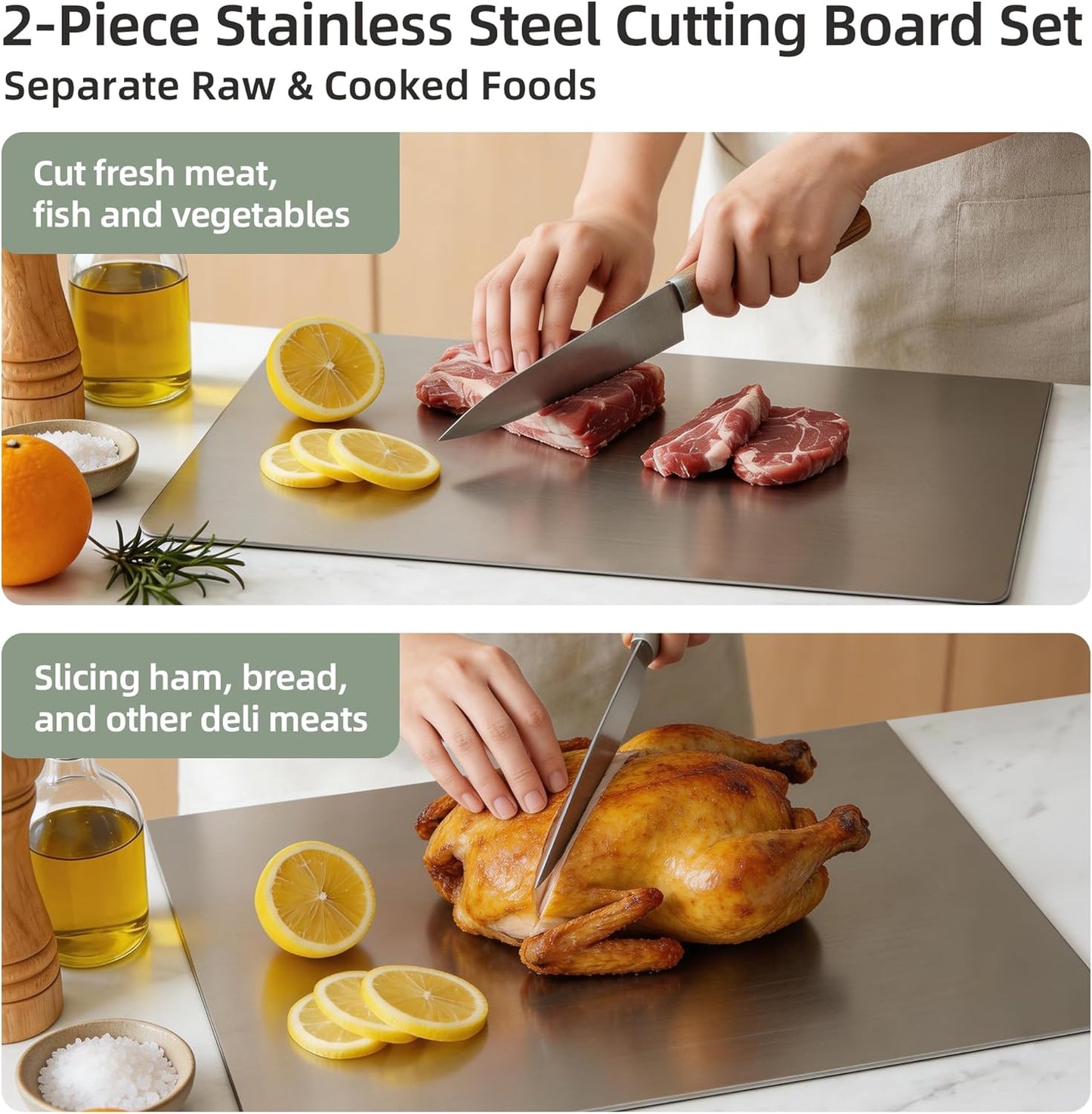 Stainless Steel Cutting Board Set with Lip, 2 Pack 16" & 24" Metal Chopping Boards for Kitchen Countertop, Non-Slip Food Prep Boards for Meat & Vegetables